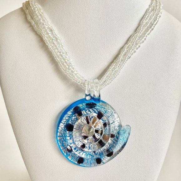 Murano Art Glass Seed Bead Sea Shell Nautilus Shiva Necklace Sea Life Nautical - Picture 2 of 12